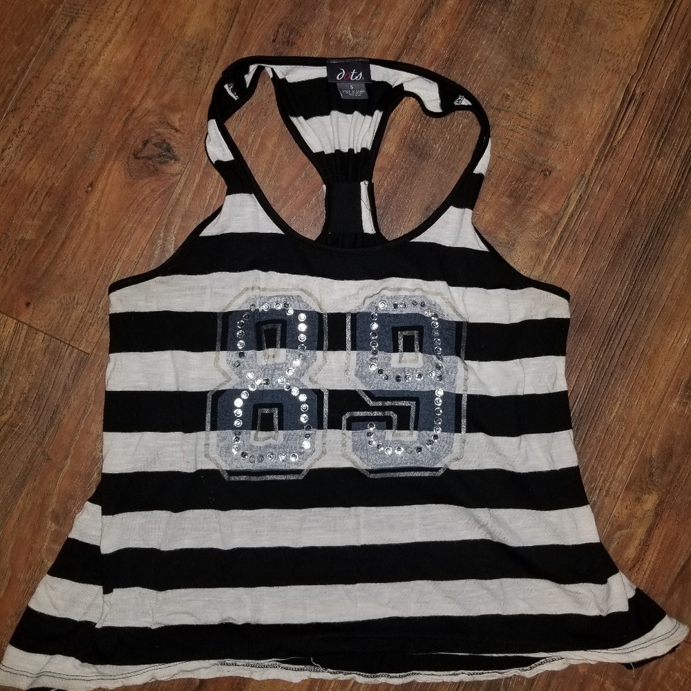 Black and white striped racerback tank.